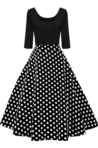 AXOE Damen 60ziger Jahre Kleid Vintage Festliches 3/4 Ärmel 50er Jahre Outfit Schwarz mit Weiß Polka Dots, Gr.40, L von AXOE