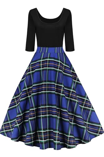 AXOE Damen A-Linie Kleid 60er Jahre Rockabilly 3/4 Ärmel 50er Jahre Outfit Schwarz mit Blau Kariert F7B, Gr.42 (EU 44), XL von AXOE