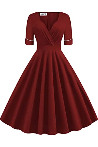 AXOE Damen A-Linie Kleid 60er Jahre Rockabilly 3/4 Ärmel Weinrotes, Gr.36, S von AXOE