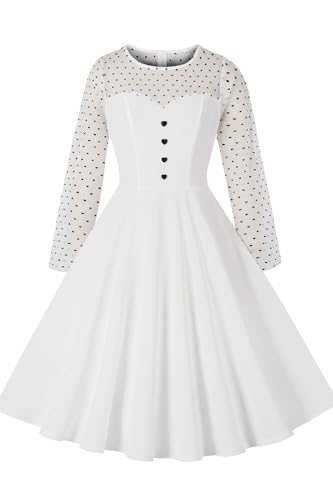 AXOE Dame Retro A-Line Kleid mit Herz-Details Atmungsaktiver mixstoff Knitterfrei und Dehnbar Sommerfestlich und Alltagstauglich Unsichtbarer Reißverschluss Weiß, Gr.38 (EU 40), M von AXOE