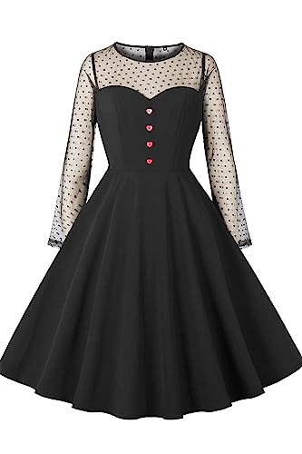 AXOE Dame Retro A-Line Kleid mit Herz-Details Atmungsaktiver mixstoff Knitterfrei und Dehnbar Sommerfestlich und Alltagstauglich Unsichtbarer Reißverschluss Schwarz, Gr.36 (EU 38), S von AXOE