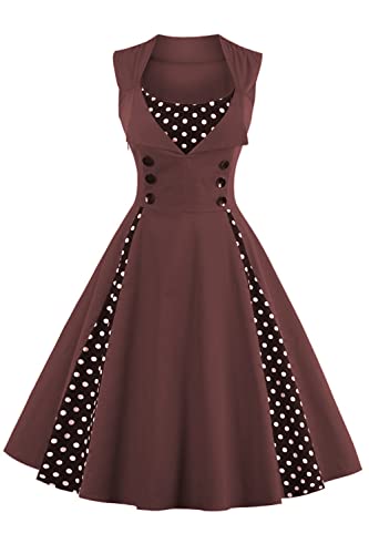 AXOE Damen Business Kleid Rockabilly 1950er Brautmutterkleid für Hochzeit Braun mit Gepunktet, Gr.34-36, S von AXOE