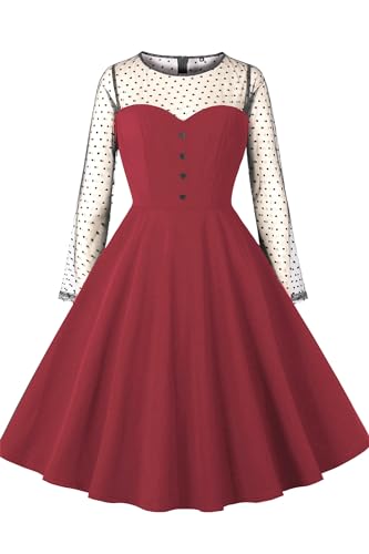 AXOE Damen Cocktailkleid Elegant für Hochzeit mit Tulle Langarm Petticoat Kleid Rockabilly Weinrot, Gr.36, S von AXOE