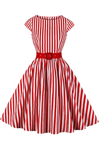 AXOE Damen 50er Jahre Kleid Rockabilly mit Gürtel Rot Gestreift Weiß Gr.34-36, S von AXOE