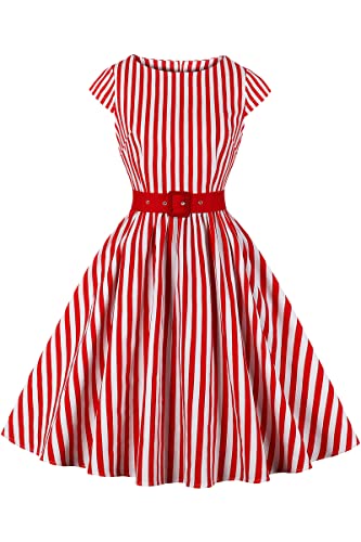 AXOE Damen Rockabilly Kleider 50er Jahre Baumwolle Gürtel Rot Gestreift Weiß, Gr.44, XXL von AXOE