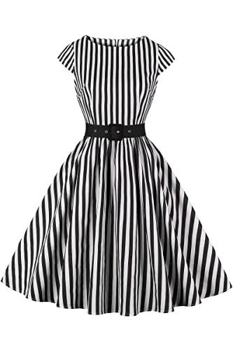 AXOE Damen Rockabilly Kleider 50er Jahre Baumwolle Gürtel Schwarz Gestreift Weiß, Gr.46, 3XL von AXOE
