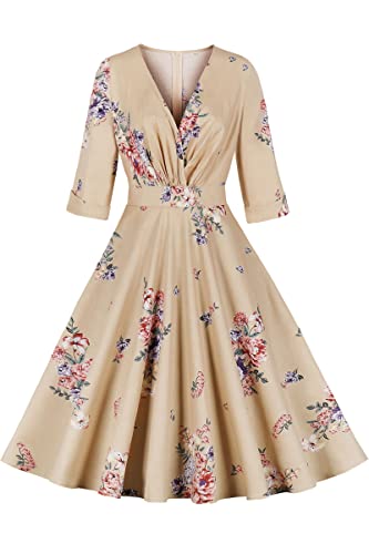 AXOE Damen Festliche Kleid 50er Jahre Vintage Rockabilly 3/4 Langarm mit Blumenmuster F05, Gr.44, XXL von AXOE