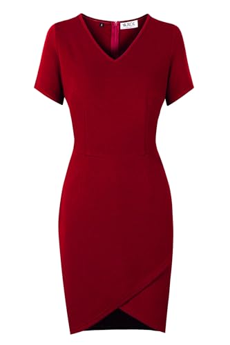 AXOE Damen Etui Kleid mit V-Ausschnitt Figurbetontes Strech-Kniekleid für Beruf und Freizeit Elegantes Alltagstauglich Weinrot, Gr.44 (EU 46), XXL von AXOE