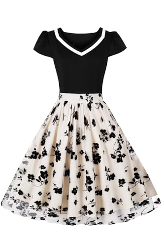AXOE Damen Rockabilly Kleider Festliche Rock n Roll Tüllkleid A Linie Cocktailkleid Hochzeitsgast Beige Schwarz Geblümtes F01, Gr.44, XXL von AXOE