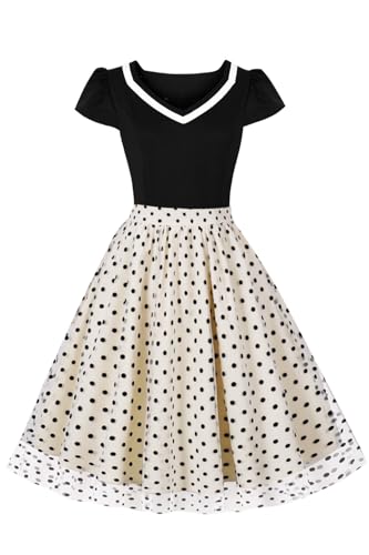 AXOE Damen Rockabilly Kleider Festliche Rock n Roll Tüllkleid A Linie Cocktailkleid Hochzeitsgast Beige Schwarz Polka Dots F03, Gr.44, XXL von AXOE