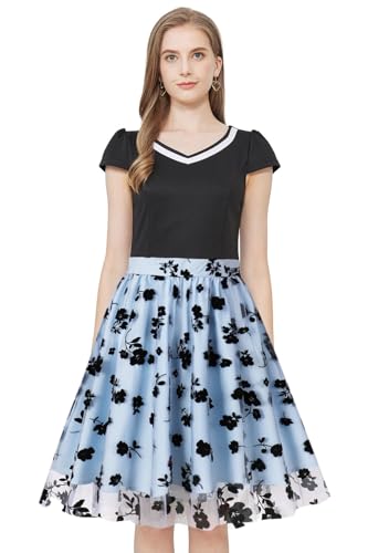 AXOE Damen Rockabilly Kleider Festliche Rock n Roll Tüllkleid A Linie Cocktailkleid Hochzeitsgast Blau Schwarz Geblümtes F02, Gr.44, XXL von AXOE