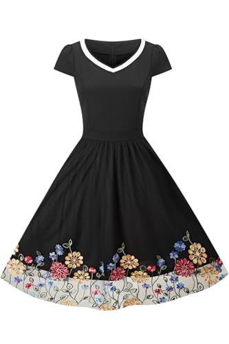 AXOE Damen Rockabilly Kleider Festliche Rock n Roll Tüllkleid A Linie Cocktailkleid Hochzeitsgast Schwarz mit Gestickter Blumenmuster F09, Gr.48, 4XL von AXOE