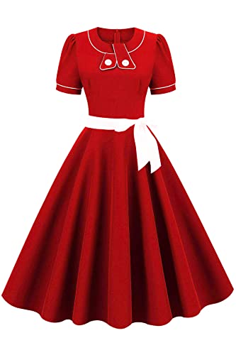 AXOE Damen A-Line Retro Kleid mit Verzierter Schleife und Abnehmbarem Gürtel Leichtes Alltags und Partykleid Rockabilly 50er Jahre Rot, Gr.42 (EU 44), XXL von AXOE