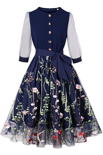 AXOE Damen Tüll Kleid 50er Jahre Vintage mit Blumenstickerei 3/4 Ärm Knielang Festlich Abend Hochzeitgast Dunkellblau, Gr.36, S von AXOE