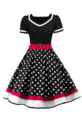 AXOE Damen Gepunktet Rockabilly Vintage Kleid mit Gürtel Partykleid Schwarz, Gr.32, XS von AXOE