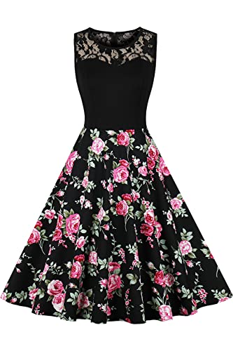 AXOE Damen Jugendweihe Kleider Sommerkleid für Feste Rockabilly Elegant Knielang Schwarz mit Blumen Ärmellos F11, Gr.34-36, S von AXOE