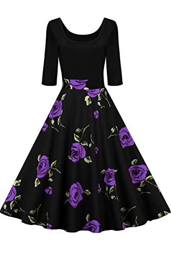 AXOE Damen Petticoat Kleid 50er Jahre Rockabilly 3/4 Langarm Schwarz mit Blumen Elegant für Hochzeit Festlich F3B, Gr.36, S von AXOE