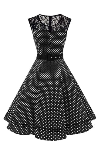 AXOE Damen Rockabilly Kleid 50er Jahre Vintage A-Linie Festlich & Alltag mit Spitze & Gürtel für Hochzeit Sommer Cocktail Schwarz Weiß Gepunkte, Gr.44 (EU 46), XXL von AXOE