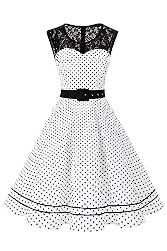 AXOE Damen Polka Dots Kleid 50er Jahre Rockabilly Cocktailkleid Weiß Gepunktetes Gr.40, XL von AXOE