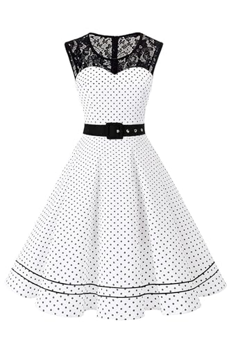 AXOE Damen Rockabilly Kleid 50er Jahre Vintage A-Linie Festlich & Alltag mit Spitze & Gürtel für Hochzeit Sommer Cocktail Weiß mit Blumenmuster F1, Gr.42 (EU 44), XL von AXOE