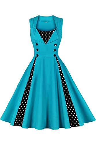 AXOE Damen 50er Jahre Kleid Rockabilly Vintage A-Linie Vichy-Dessin Festliches Cocktailkleid Elegante für Hochzeit Baumwolle Knielang Turquoise mit Gepunktet, Gr.44, XXL von AXOE