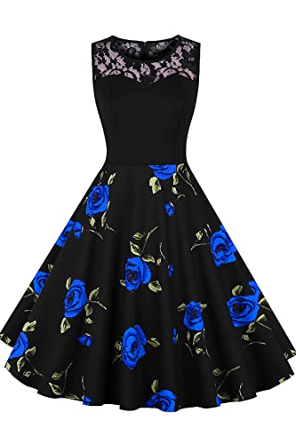 AXOE Damen Retro Kleid 50er Jahre Rockabilly A-Linie Blumenkleid Schwarz mit Rosenmuster F3B, Gr.38-40, L von AXOE