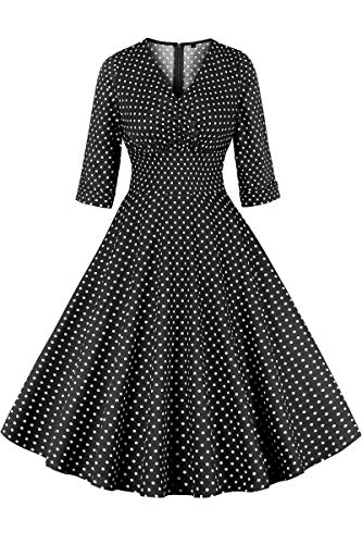 AXOE Damen Retro Kleid 60er Jahre A Linie V Ausschitt Langarm Schwarz mit Weiß Gepunktetes, Gr.40, L von AXOE