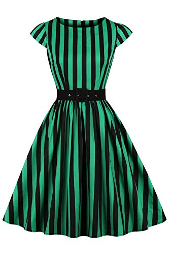 AXOE Damen Retro Kleid Gestreift Halloween Cocktailkleid 50er Jahre Knielang mit Gürtel Grün Schwarz Streifen Gr.34-36, S von AXOE