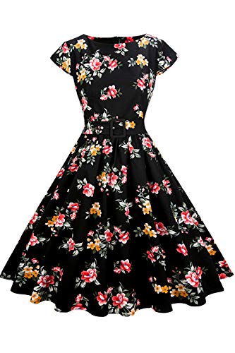 AXOE Damen Rockabilly Kleid 50er Jahre Blumen mit Gürtel F01, Gr.42, XXL von AXOE