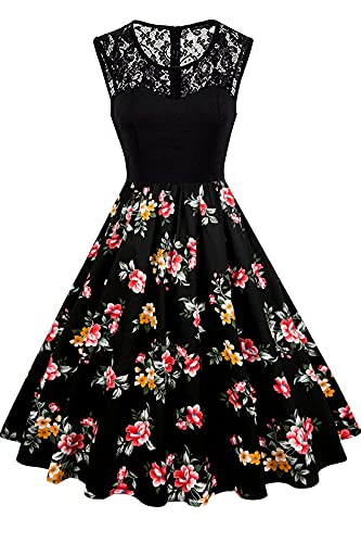AXOE Damen Rockabilly Kleid 50er Jahre Mode Pin Up Abendkleid für Sommer mit Blumenmuster Farbe 2B, Gr.42, XL von AXOE