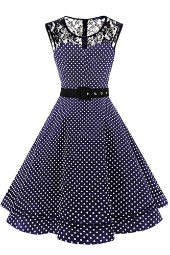 AXOE Damen Rockabilly Kleid 50er Jahre Vintage A-Linie Festlich & Alltag mit Spitze & Gürtel für Hochzeit Sommer Cocktail Marineblau Weiß Gepunkte, Gr.48 (EU 50), 4XL von AXOE