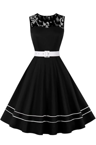 AXOE Damen Rockabilly Kleid 50er Jahre Vintage A-Linie Festlich & Alltag mit Spitze & Gürtel für Hochzeit Sommer Cocktail Schwarz Weiß, Gr.40 (EU 42), L von AXOE