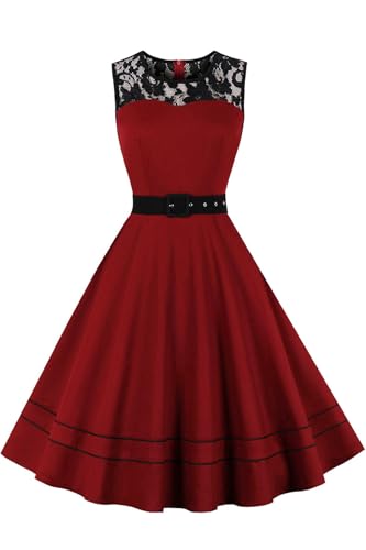 AXOE Damen Rockabilly Kleid 50er Jahre Vintage A-Linie Festlich & Alltag mit Spitze & Gürtel für Hochzeit Sommer Cocktail Weinrot, Gr.38 (EU 40), M von AXOE