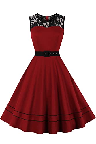 AXOE Damen Rockabilly Kleid 50er Jahre Vintage Polka Dots mit Gürtel Ärmellos Weinrot Gr.40, XL von AXOE