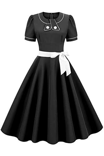 AXOE Damen Rockabilly Kleid A Linie Festlich Jungend Kleidung Kurzarm mit Gürtel Sommerkleid Leicht Midi Schwarz, Gr.36, M von AXOE