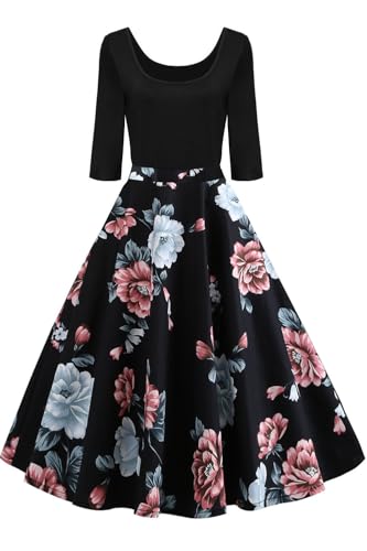 AXOE Damen Rockabilly Kleid Langarm 60er Jahre mit Blumenmuster Partykleid Farbe 6B, Gr.46, 3XL von AXOE