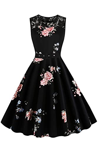 AXOE Damen Rockabilly Kleider Elegante 1950er Vintagekleid für Hochzeit Ärmellos Schwarz mit Blumen, F04, Gr.38, L von AXOE