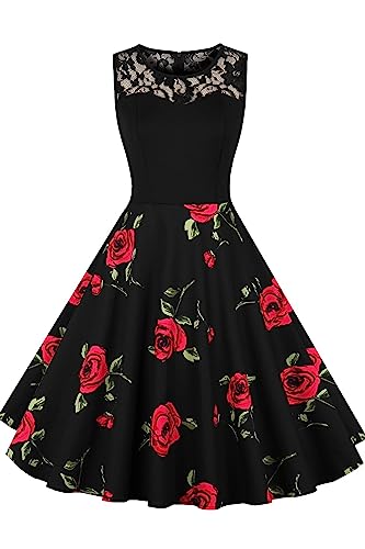 AXOE Damen Rockabilly Kleider Festlich 50er Jahre Elegant Blumenkleid Ärmellos, F1B, Gr.34-36, S von AXOE