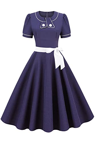 AXOE Damen Rockabilly Kleider Festliche A Linie Kurzarm mit Gürtel Abendkleid für Hochzeit Marineblau, Gr.40, XL von AXOE