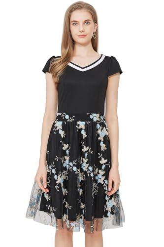 AXOE Damen Rockabilly Kleider Festliche Rock n Roll Tüllkleid A Linie Cocktailkleid Hochzeitsgast Schwarz mit Hellblau Blumen F05, Gr.48, 4XL von AXOE