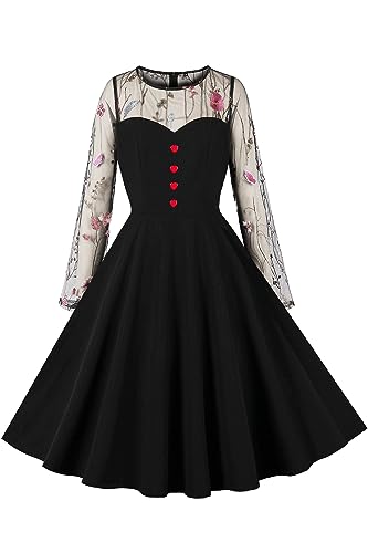 AXOE Damen Rockabilly Kleider Vintage 50er Jahre Stil Langarm Schwarz Tüll Kleid mit Blumenstickerei F01, Gr.36, S von AXOE