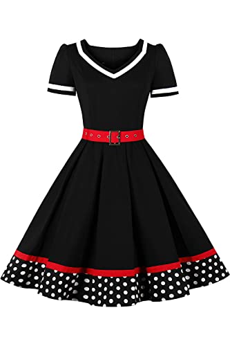 AXOE Damen Rockabillykleider 50er Jahre Stil Vintage Kleidung Knielang Schwarz mit Weiß Polka Dots B2, Gr.38, L von AXOE