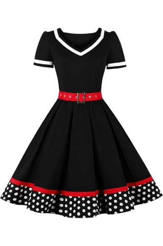 AXOE Damen Rockabillykleider 50er Jahre Stil Vintage Kleidung Knielang Schwarz mit Weiß Polka Dots B2, Gr.44, 4XL von AXOE