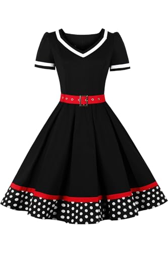 AXOE Damen 50er Jahre Kleider Rockabilly Vintage Festliches mit Abnehmbarer Gürtel A LinieSchwarz Weiß Gepunktet B2, Gr.48, 4XL von AXOE