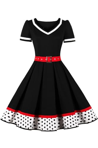 AXOE Damen 50er Jahre Kleider Rockabilly Vintage Festliches mit Abnehmbarer Gürtel A LinieWeiß Schwarz Polka Dots W2, Gr.42, XL von AXOE