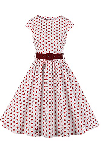 AXOE Damen 50er Jahre Kleid Rockabilly Gürtel Weiß Hintergrund Rot Gepunktetes, Gr.44, XXL von AXOE