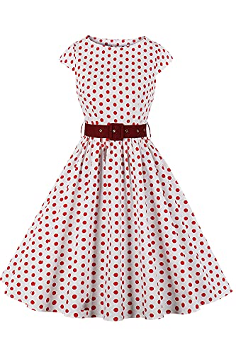 AXOE Damen Rockerbilli Kleid 50iger Jahre Vintage Pin up Weiß mit Rot Gepunktetes, Gr.44-46, 4XL von AXOE