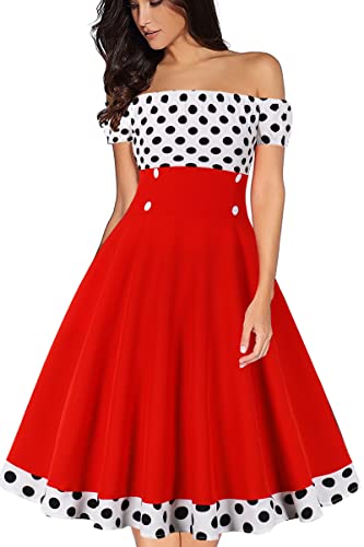 AXOE Damen Schulterfrei Kleid 50er Jahre Rockabilly A-Linie Elastischer Hals Kurzarm für Festliche Party Sommer Schwarz mit Weiß Gepunket, Gr.34, XS von AXOE