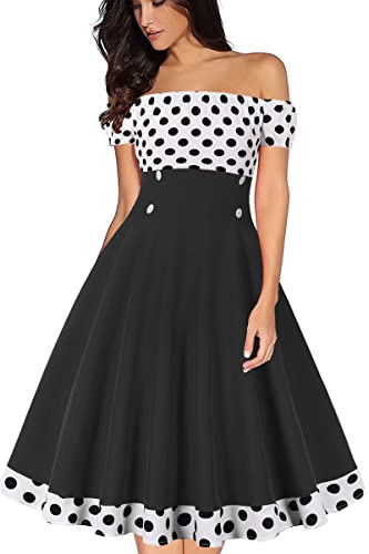 AXOE Damen Schulterfrei Kleid 50er Jahre Rockabilly A-Linie Elastischer Hals Kurzarm für Festliche Party Sommer Schwarz mit Weiß Gepunket, Gr.36, S von AXOE