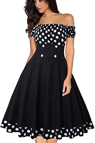 AXOE Damen Schulterfrei Kleid 50er Jahre Rockabilly A-Linie Elastischer Hals Kurzarm für Festliche Party Sommer Schwarz mit Weiß Gepunket, Gr.44, XXL von AXOE